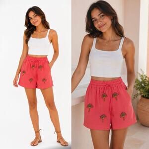 Farm Rio x Anthropologie Deco Palm Tree Embellished Shorts Pink Sz Medium NWT
